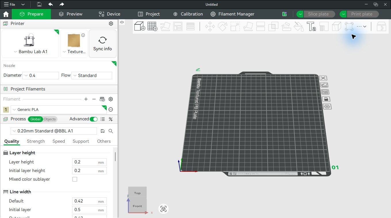 واجهة Bambu Studio على ويندوز وفيها بروفايل Bambu Lab A1 وفوهة 0.4 وخامة Generic PLA