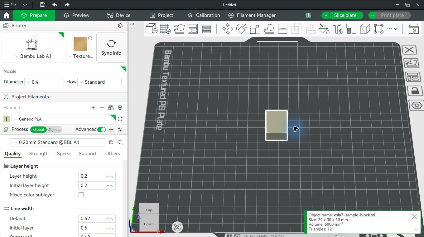 ملف STL تجريبي داخل Bambu Studio وتظهر معلومات المقاس 20 في 30 في 10 ملليمتر والحجم 6000 ملليمتر مكعب