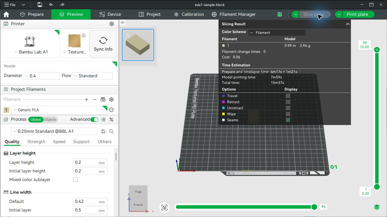 نتيجة تقطيع ملف STL في Bambu Studio وتظهر 0.99 متر و2.96 جرام وزمن إجمالي 15 دقيقة و37 ثانية